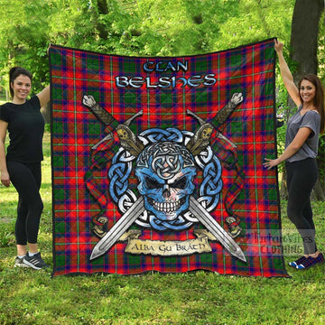 Belshes (Belsches) Tartan Quilt with Celtic Skull Alba Gu Brath Style Super King Quilt 91" x 110" - Tartan Vibes Clothing