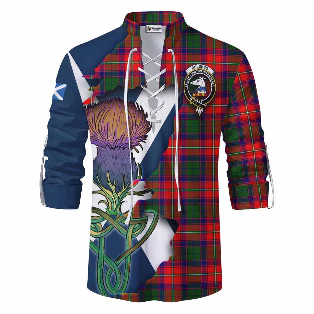 Tartan Vibes Clothing Belshes (Belsches) Tartan Family Crest Ghillie Kilt Shirt Scottish Thistle Celtic Inspired