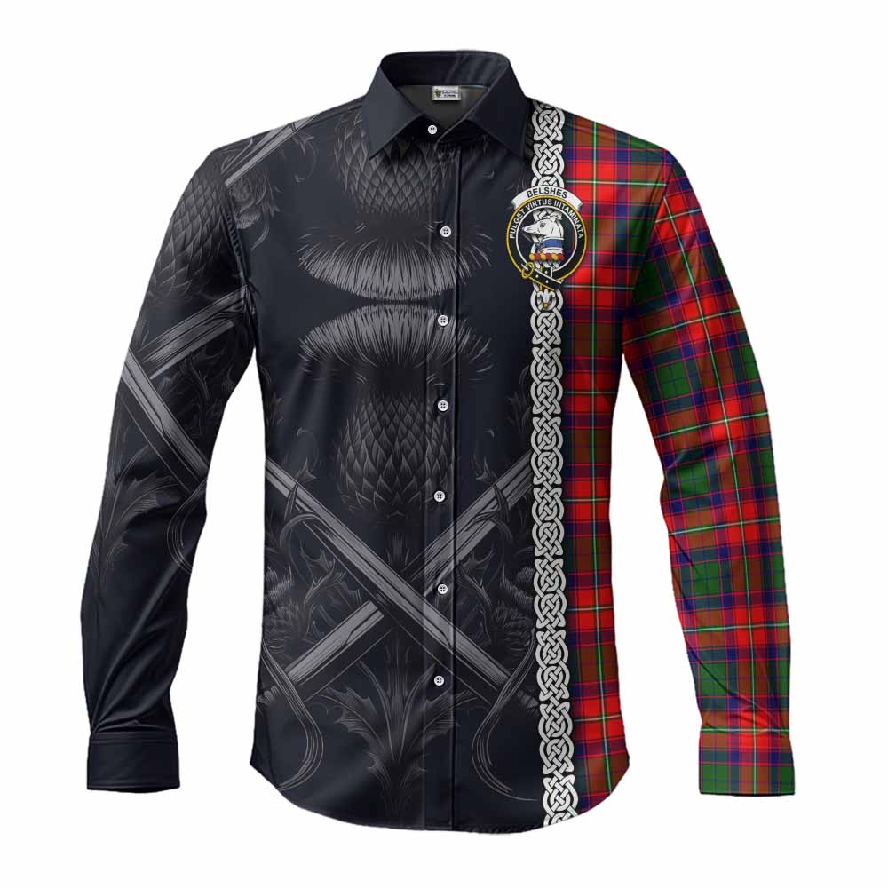 Tartan Vibes Clothing Belshes (Belsches) Tartan Long Sleeve Button Shirt with Family Crest Cross Sword Thistle Celtic Vibes