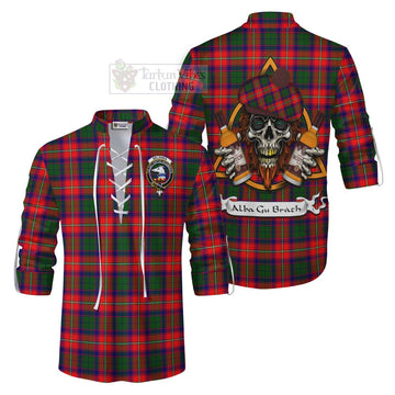 Belshes (Belsches) Tartan Ghillie Kilt Shirt with Family Crest and Bearded Skull Holding Bottles of Whiskey Men - Tartan Vibes Clothing