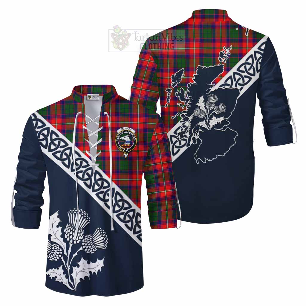 Belshes (Belsches) Tartan Ghillie Kilt Shirt Featuring Thistle and Scotland Map Men - Tartan Vibes Clothing