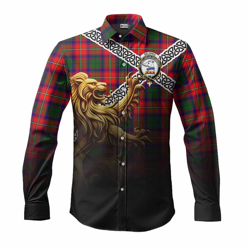 Belshes (Belsches) Crest Tartan Long Sleeve Button Shirt with Golden Lion Emblem Celtic Style Men's Shirt S - Tartan Vibes Clothing