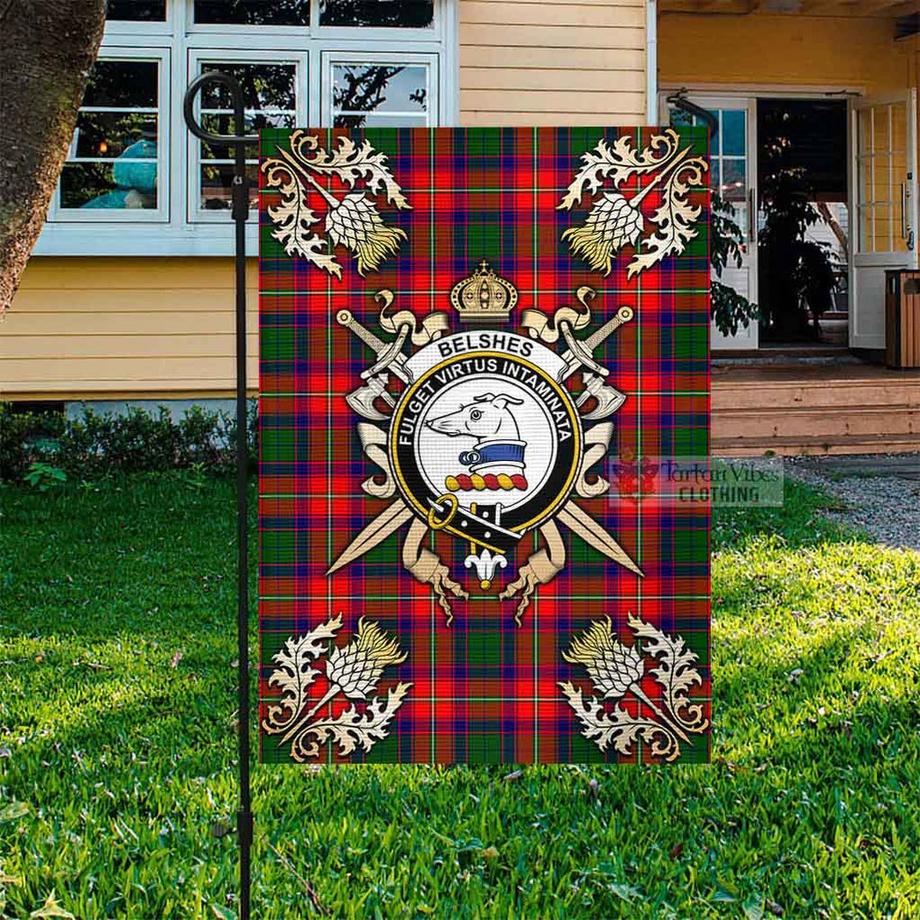 Tartan Vibes Clothing Belshes (Belsches) Tartan Flag with Family Crest and Golden Thistle Crossed Sword Design