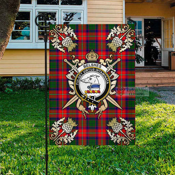 Tartan Vibes Clothing Belshes (Belsches) Tartan Flag with Family Crest and Golden Thistle Crossed Sword Design