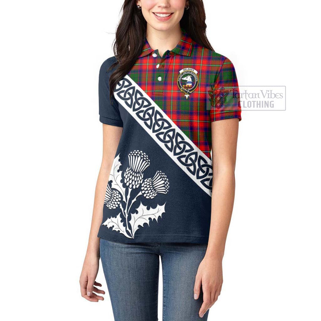 Belshes (Belsches) Tartan Women's Polo Shirt Featuring Thistle and Scotland Map - Tartanvibesclothing Store