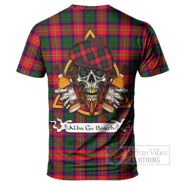 Belshes (Belsches) Tartan T-Shirt with Family Crest and Bearded Skull Holding Bottles of Whiskey - Tartan Vibes Clothing