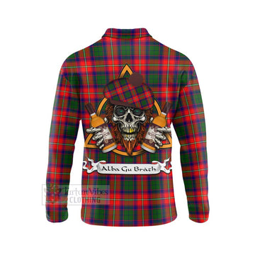Belshes (Belsches) Tartan Long Sleeve Polo Shirt with Family Crest and Bearded Skull Holding Bottles of Whiskey - Tartan Vibes Clothing