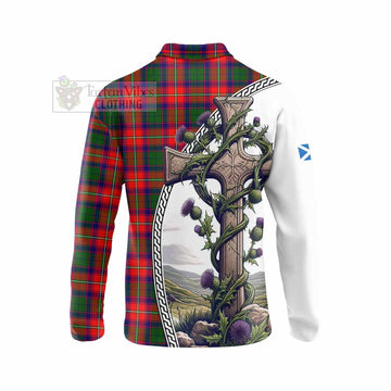 Belshes (Belsches) Tartan Long Sleeve Polo Shirt with Family Crest and St. Andrew's Cross Accented by Thistle Vines - Tartan Vibes Clothing