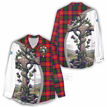 Belshes (Belsches) Tartan Women's Casual Shirt with Family Crest and St. Andrew's Cross Accented by Thistle Vines - Tartan Vibes Clothing