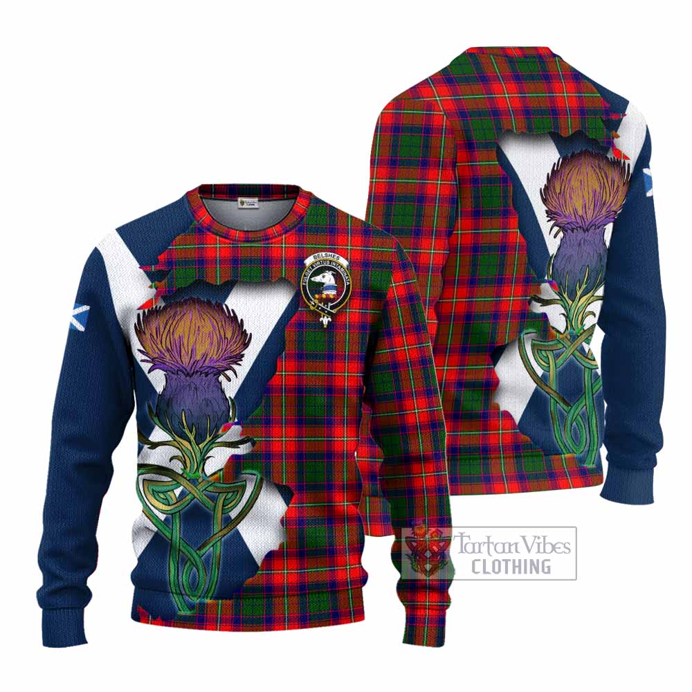 Tartan Vibes Clothing Belshes (Belsches) Tartan Family Crest Knitted Sweater Scottish Thistle Celtic Inspired