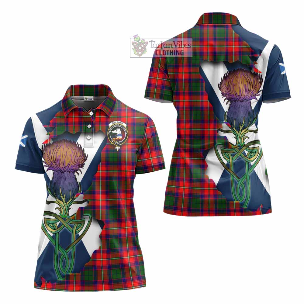 Tartan Vibes Clothing Belshes (Belsches) Tartan Family Crest Women's Polo Shirt Scottish Thistle Celtic Inspired