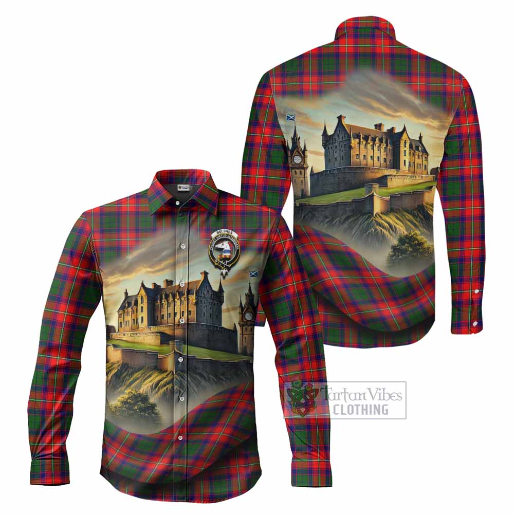 Tartan Vibes Clothing Belshes (Belsches) Tartan Family Crest Long Sleeve Button Shirt with Scottish Ancient Castle Style