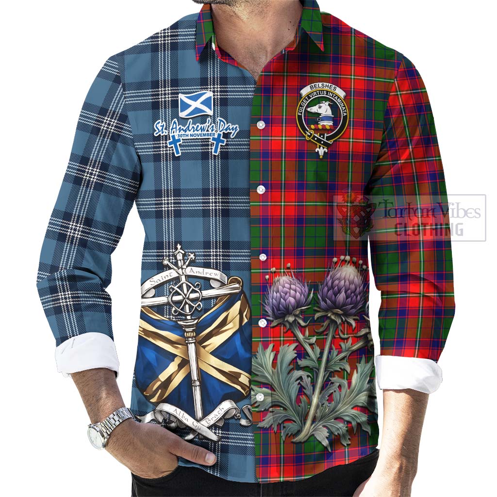 Belshes (Belsches) Tartan Long Sleeve Button Shirt Happy St. Andrew's Day Half Tartan Style - Tartan Vibes Clothing