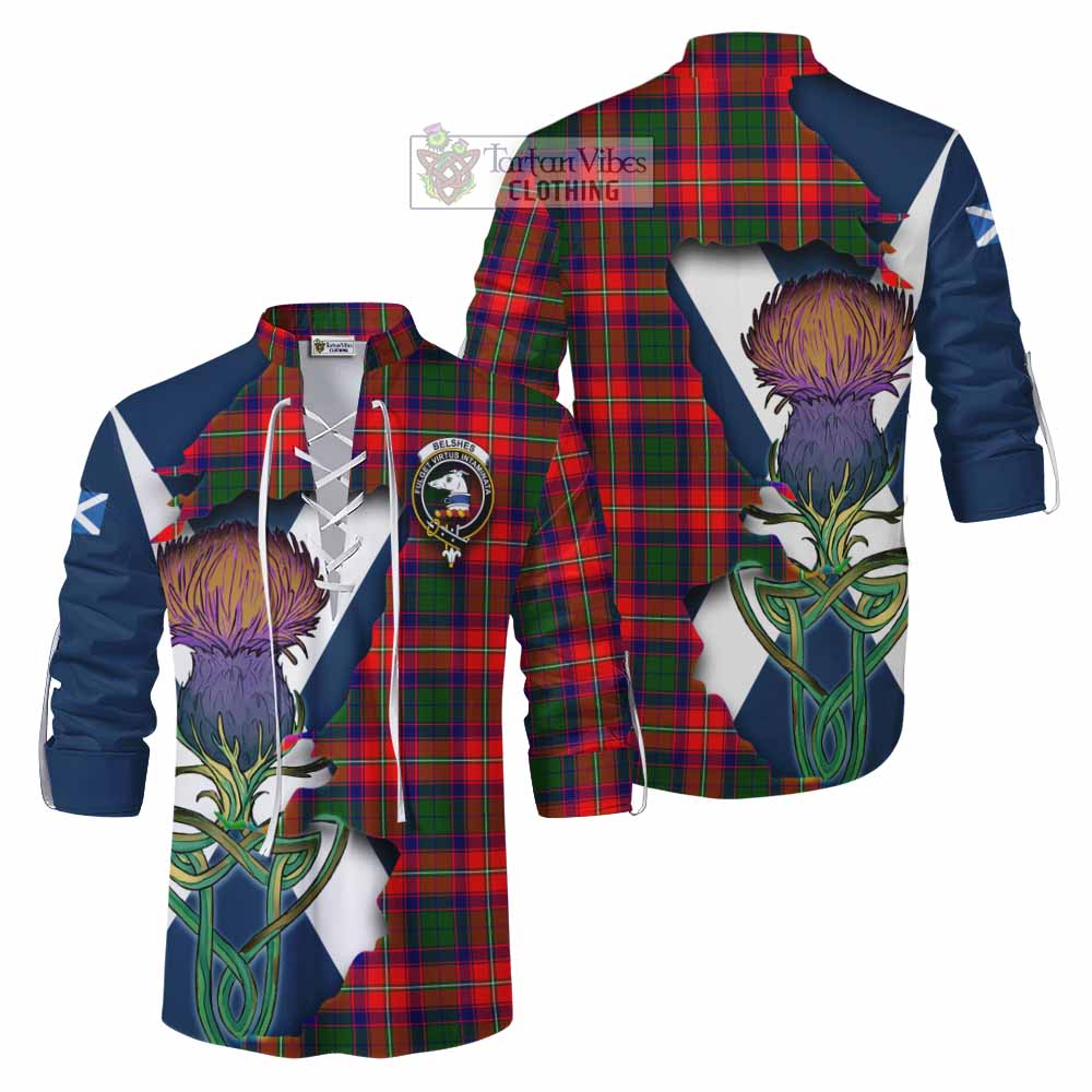 Tartan Vibes Clothing Belshes (Belsches) Tartan Family Crest Ghillie Kilt Shirt Scottish Thistle Celtic Inspired