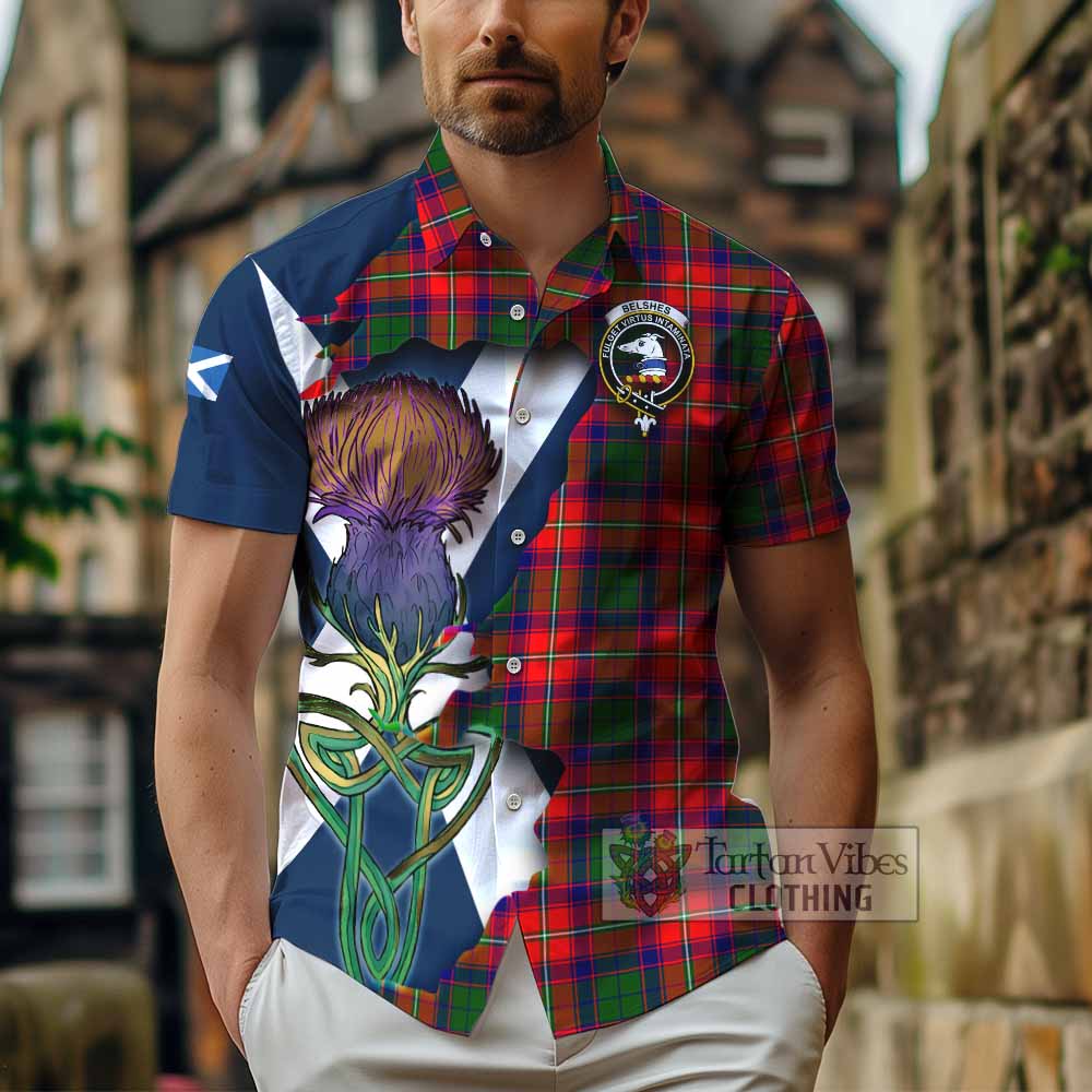 Tartan Vibes Clothing Belshes (Belsches) Tartan Family Crest Short Sleeve Button Shirt Scottish Thistle Celtic Inspired