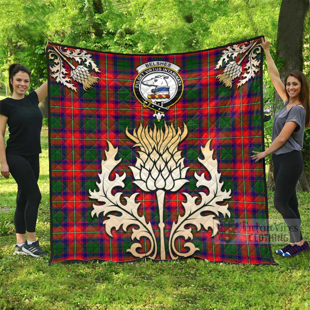 Belshes (Belsches) Tartan Quilt with Family Crest and Golden Thistle Style - Tartan Vibes Clothing