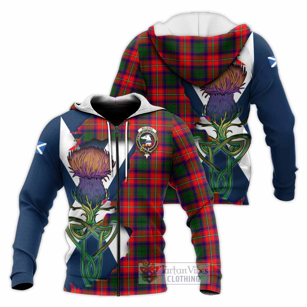 Tartan Vibes Clothing Belshes (Belsches) Tartan Family Crest Knitted Hoodie Scottish Thistle Celtic Inspired