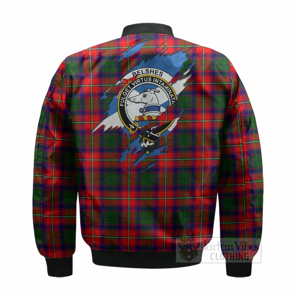 Belshes (Belsches) Clan Crest In Me Tartan Bomber Jacket Scotland Flag Style