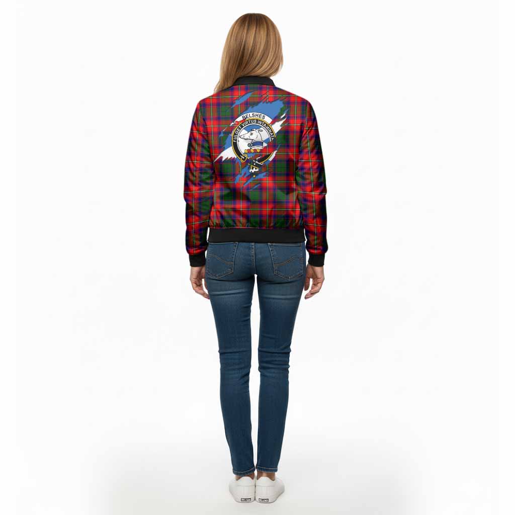 Belshes (Belsches) Clan Crest In Me Tartan Bomber Jacket Scotland Flag Style