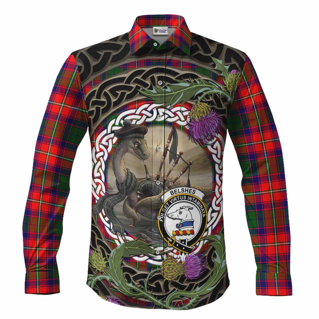 Belshes (Belsches) Tartan Crest Bagpipe Nessie Long Sleeve Button Shirts Scottish Loch Ness Monster Celtic Thistle