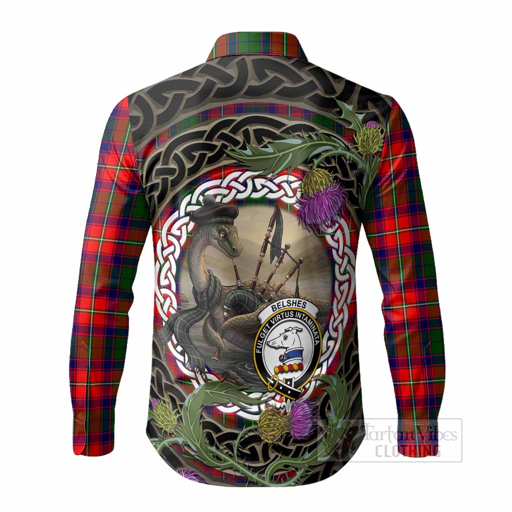 Belshes (Belsches) Tartan Crest Bagpipe Nessie Long Sleeve Button Shirts Scottish Loch Ness Monster Celtic Thistle