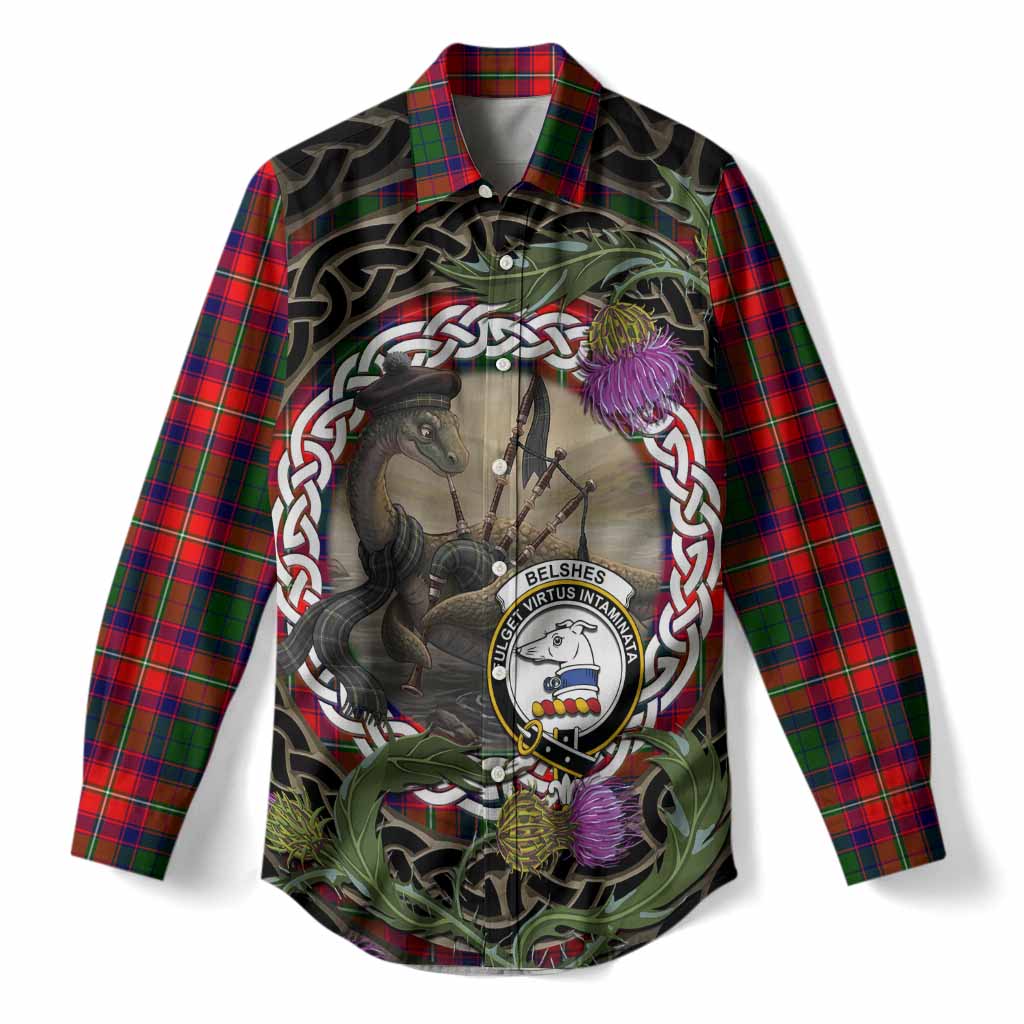 Belshes (Belsches) Tartan Crest Bagpipe Nessie Women Casual Shirt Scottish Loch Ness Monster Celtic Thistle