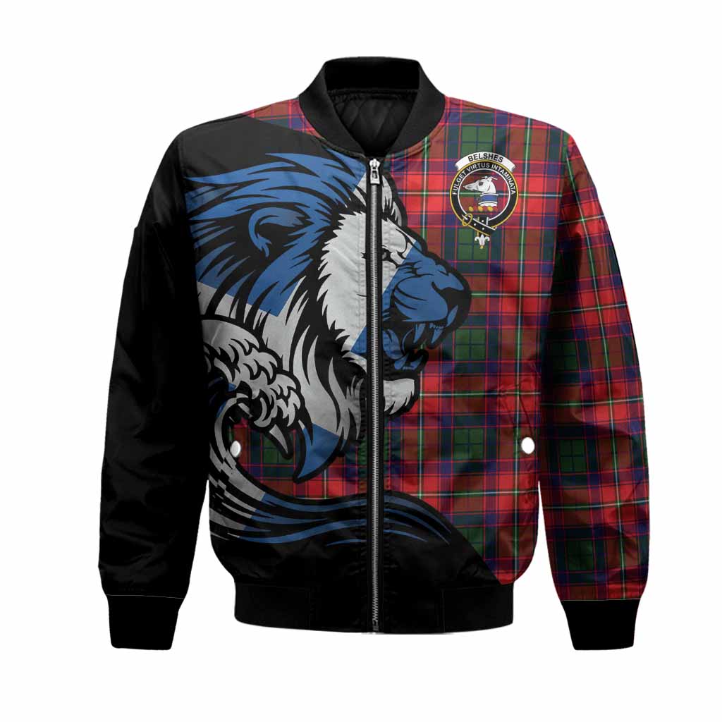 Belshes (Belsches) Tartan Crest Bomber Jacket Scottish Golden Lions Wave Flow