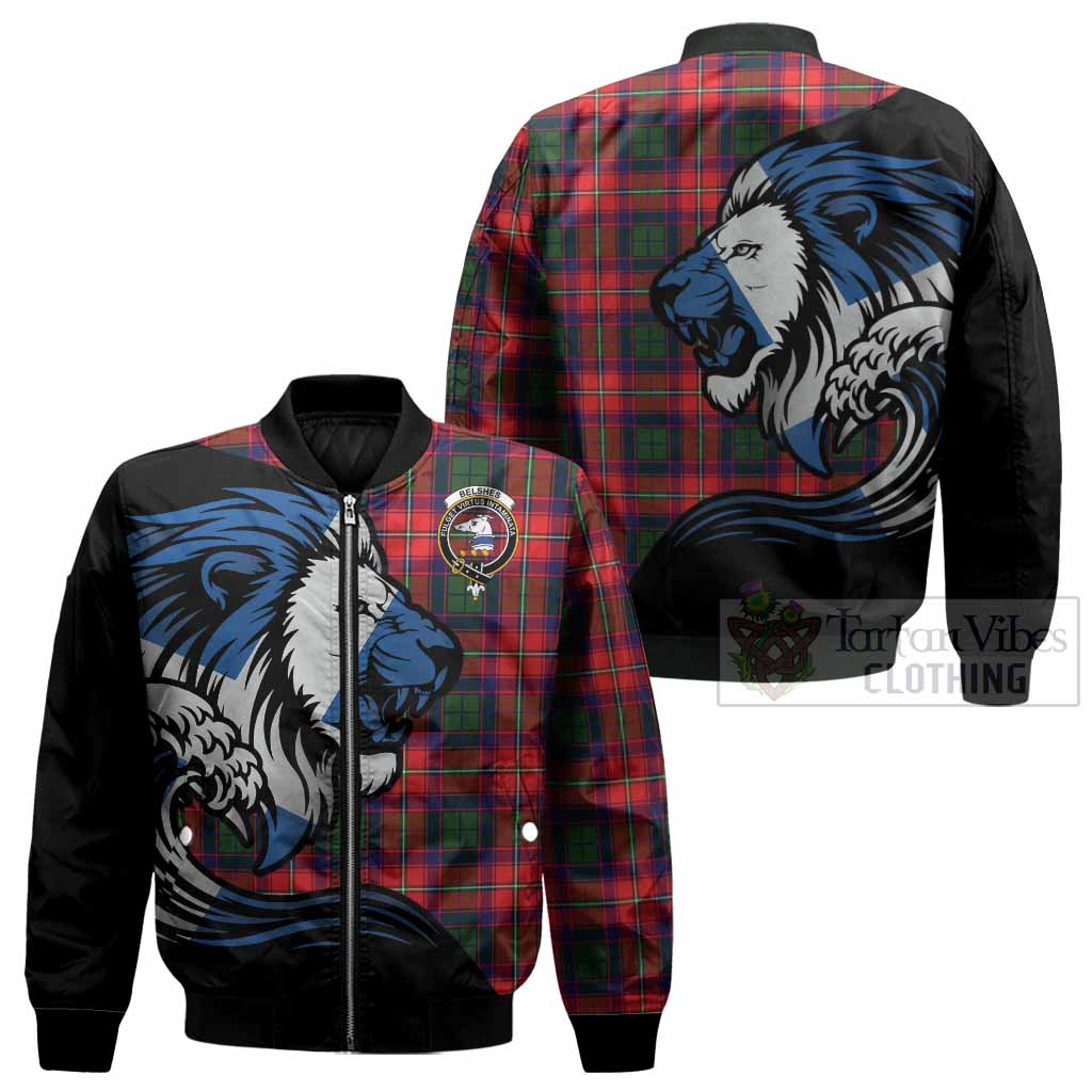 Belshes (Belsches) Tartan Crest Bomber Jacket Scottish Golden Lions Wave Flow