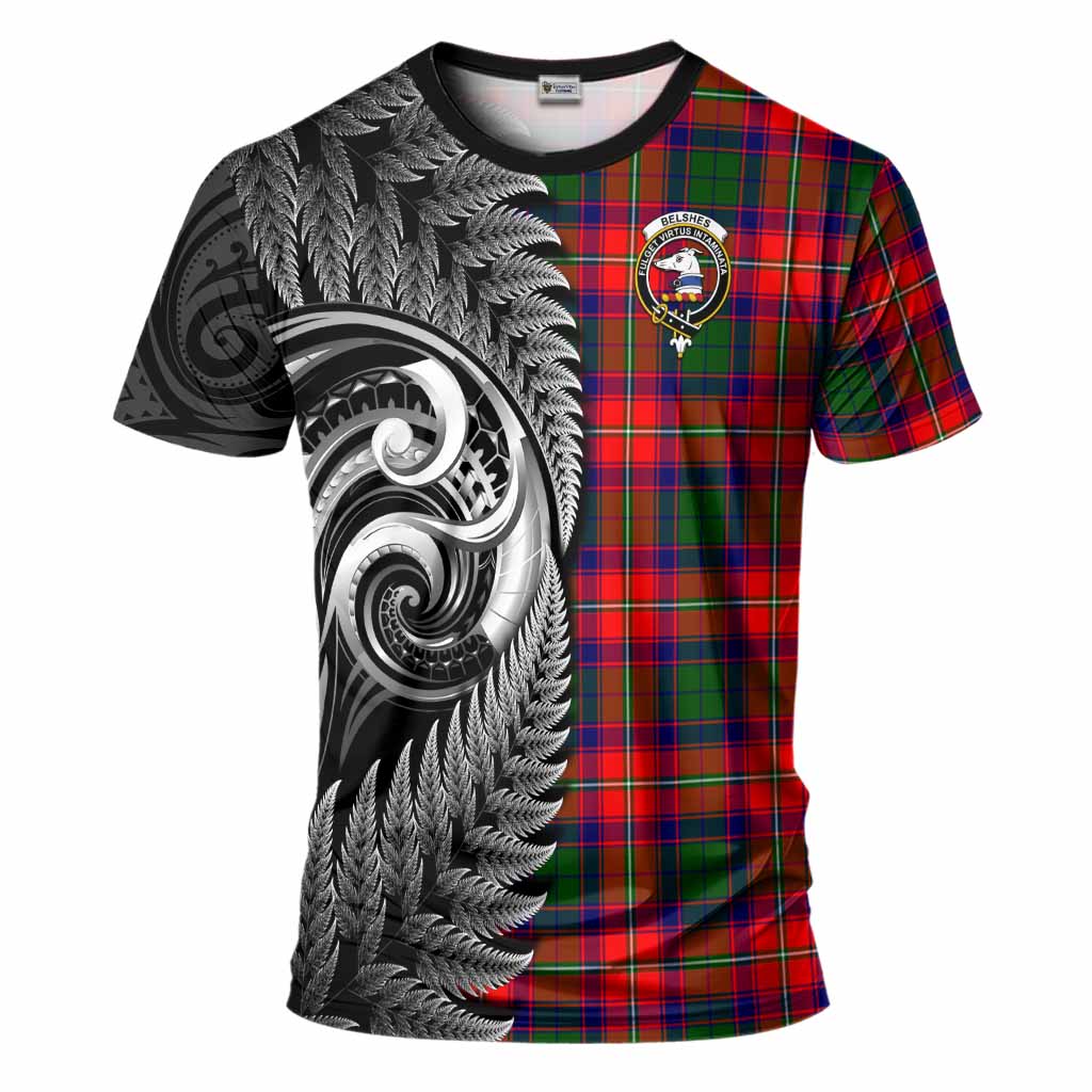 Belshes (Belsches) Tartan Crest T-Shirt With New Zealand Silver Fern Maori Koru