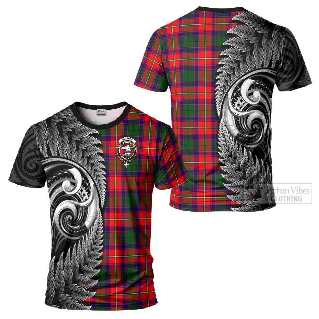 Belshes (Belsches) Tartan Crest T-Shirt With New Zealand Silver Fern Maori Koru