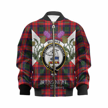 Belshes (Belsches) Tartan Family Crest Kid Bomber Jacket Scottish Burns Night Thistle Floral