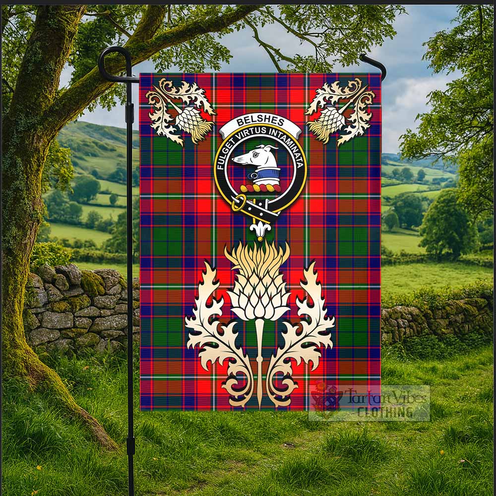 Belshes (Belsches) Tartan Garden Flag with Golden Regal Scottish Thistle Emblem - Tartan Vibes Clothing