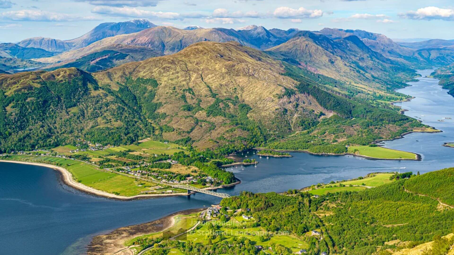 Panoramic aerial view of Ben Nevis and surrounding Scottish Highland landscapes.