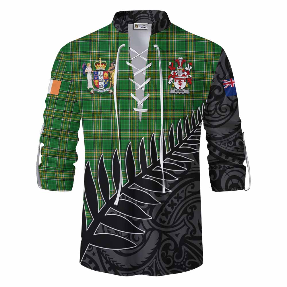 Tartan Vibes Clothing Bergin Irish Clan Tartan Ghillie Kilt Shirt with Coat of Arms New Zealand Silver Fern Half Style