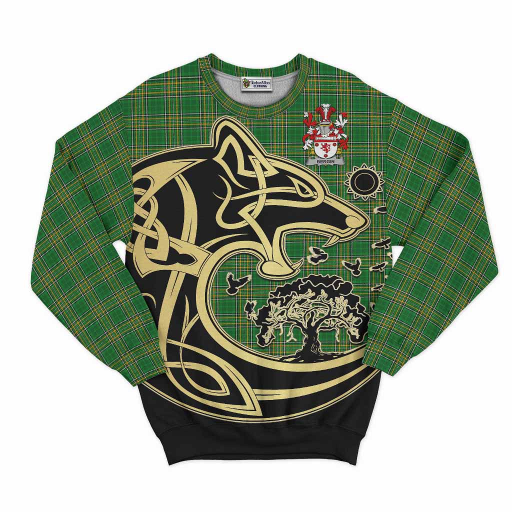 Tartan Vibes Clothing Bergin Irish Tartan Sweatshirt with Coat of Arms Celtic Wolf Style