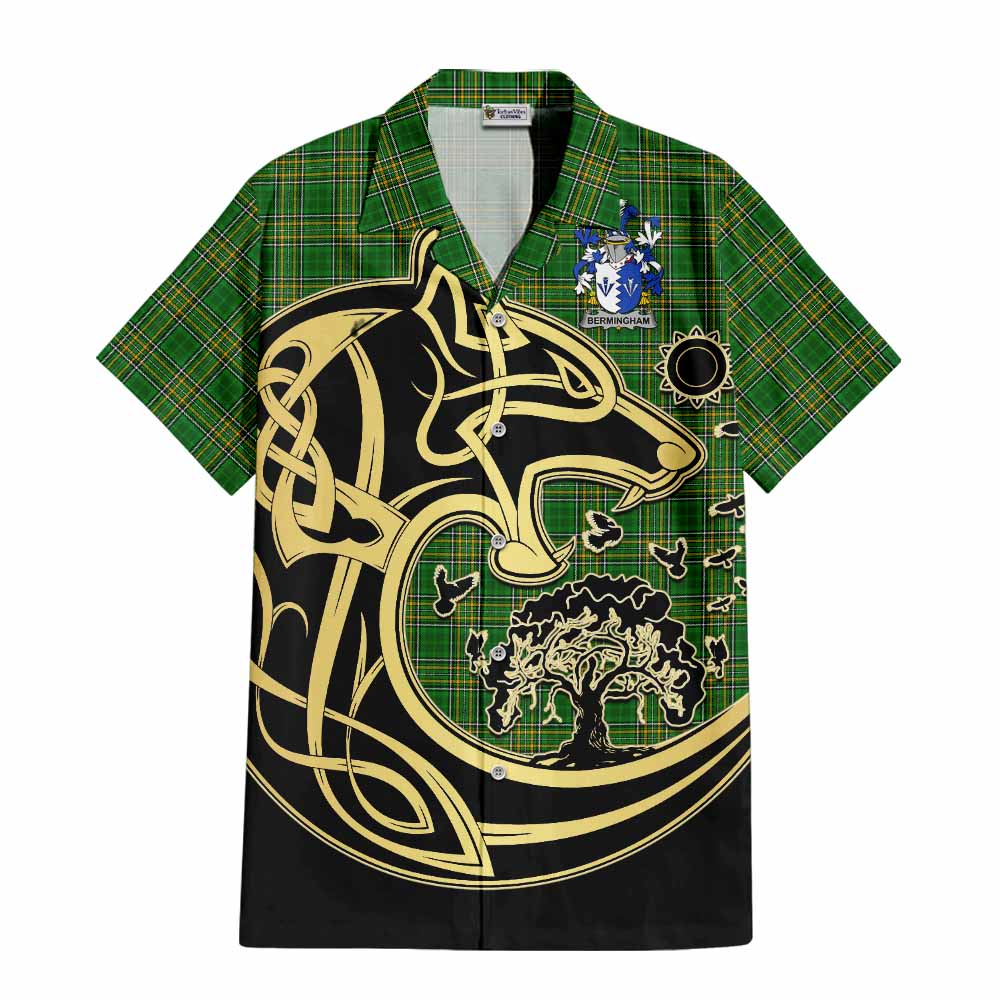 Tartan Vibes Clothing Bermingham Irish Tartan Short Sleeve Button Shirt with Coat of Arms Celtic Wolf Style