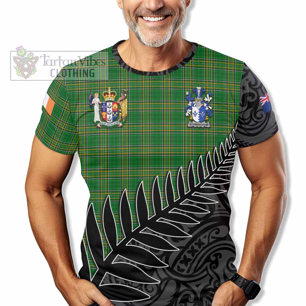 Tartan Vibes Clothing Bermingham Irish Clan Tartan T-Shirt with Coat of Arms New Zealand Silver Fern Half Style