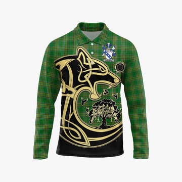 Tartan Vibes Clothing Bernard Irish Tartan Long Sleeve Polo Shirt with Coat of Arms Celtic Wolf Style
