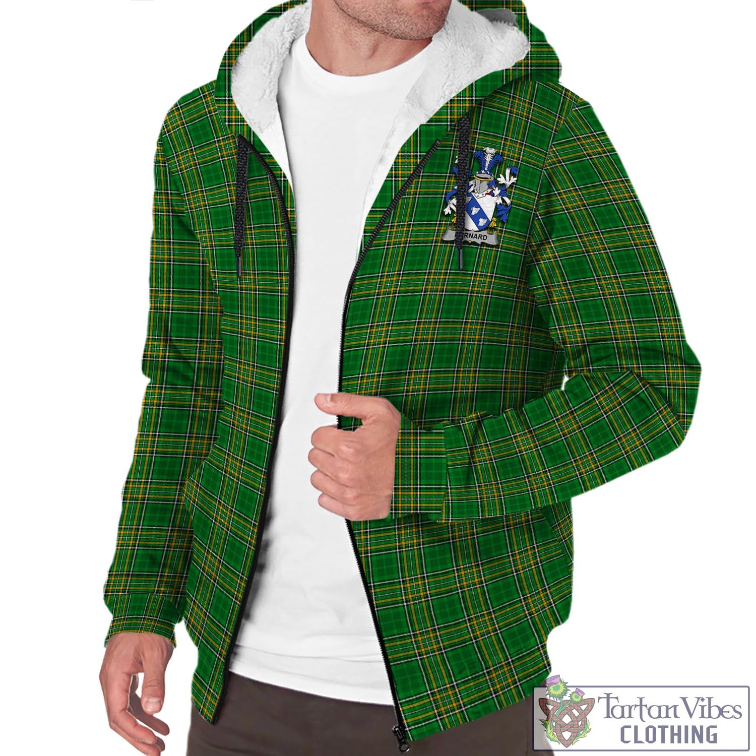 Tartan Vibes Clothing Bernard Ireland Clan Tartan Sherpa Hoodie with Coat of Arms