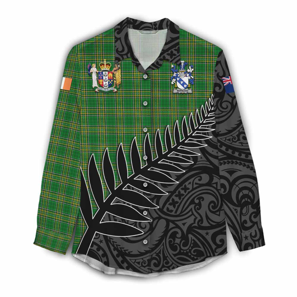 Tartan Vibes Clothing Bernard Irish Clan Tartan Women's Casual Shirt with Coat of Arms New Zealand Silver Fern Half Style