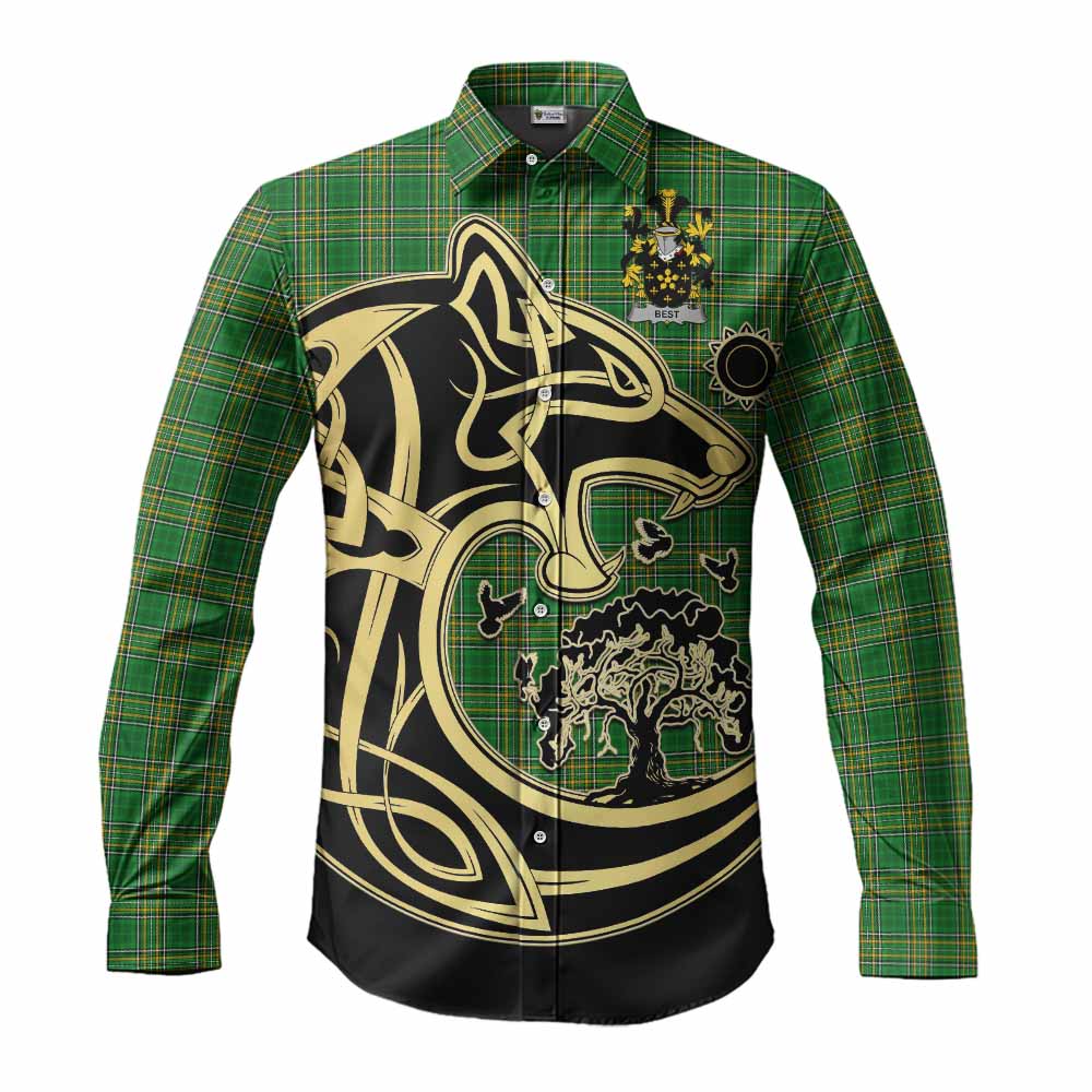 Tartan Vibes Clothing Best Irish Tartan Long Sleeve Button Shirt with Coat of Arms Celtic Wolf Style