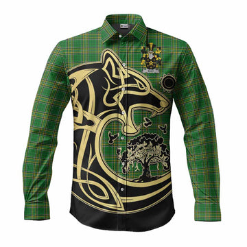 Best Irish Tartan Long Sleeve Button Shirt with Coat of Arms Celtic Wolf Style