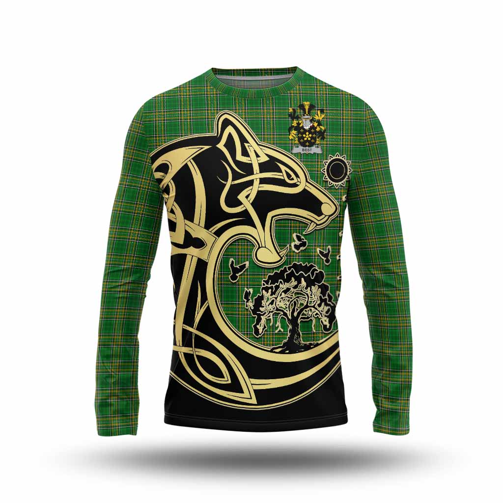Tartan Vibes Clothing Best Irish Tartan Long Sleeve T-Shirt with Coat of Arms Celtic Wolf Style