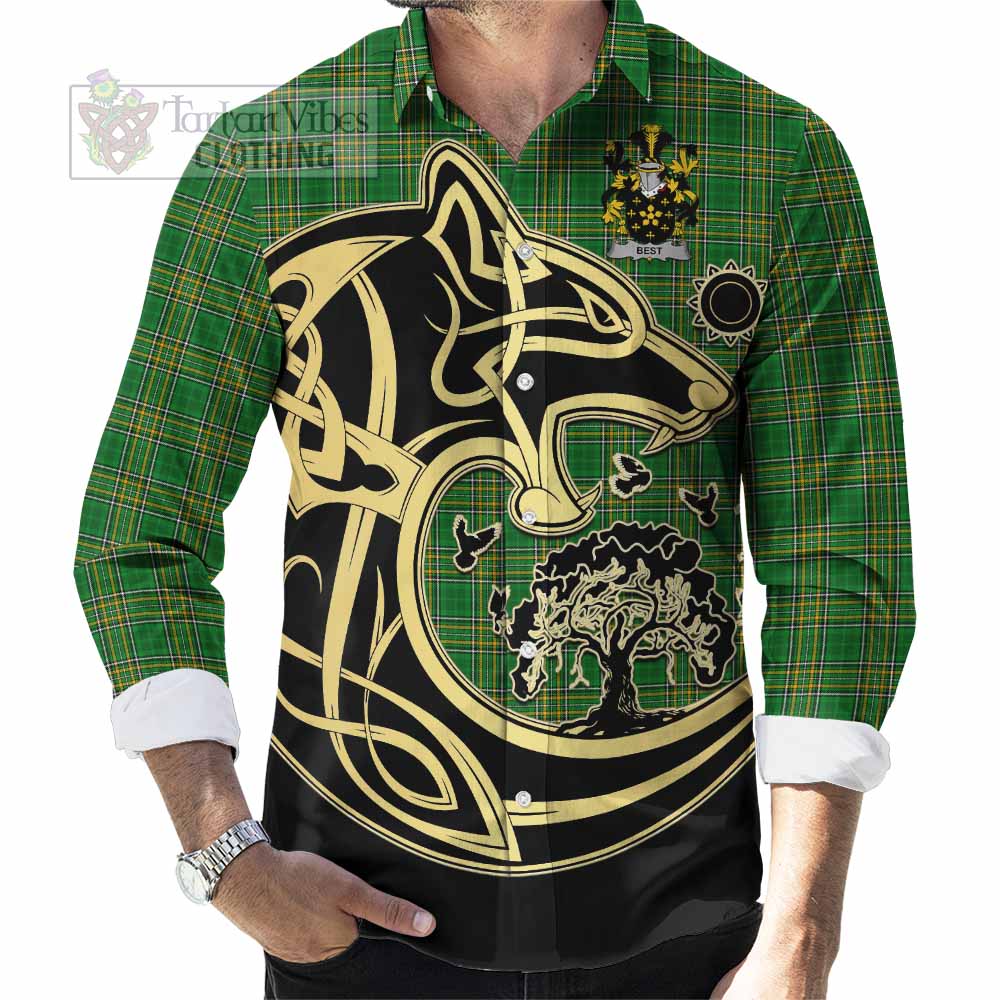 Tartan Vibes Clothing Best Irish Tartan Long Sleeve Button Shirt with Coat of Arms Celtic Wolf Style