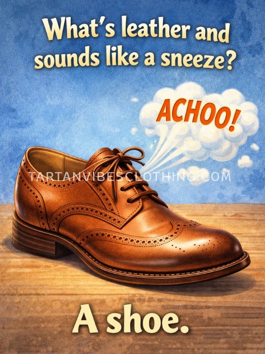 Funny leather shoe sneeze joke illustration with “Achoo” pun, St. Patrick’s Day humor.