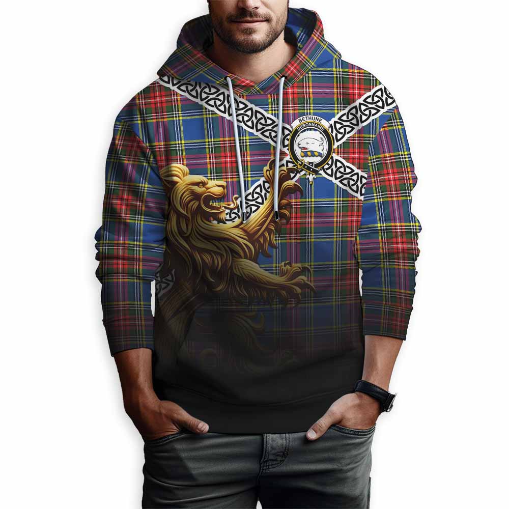 Tartan Vibes Clothing Bethune Crest Tartan Hoodie with Golden Lion Emblem Celtic Style
