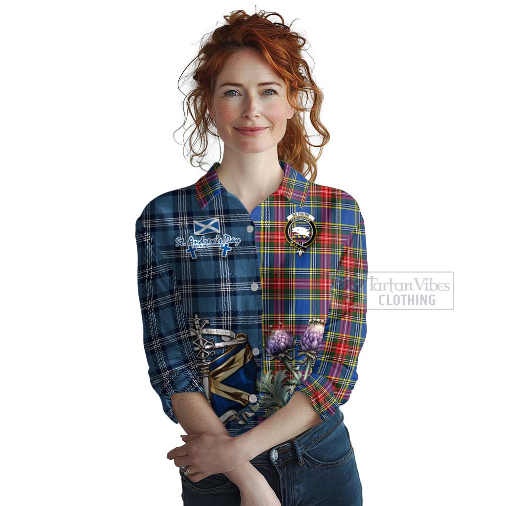 Tartan Vibes Clothing Bethune Tartan Women's Casual Shirt Happy St. Andrew's Day Half Tartan Style