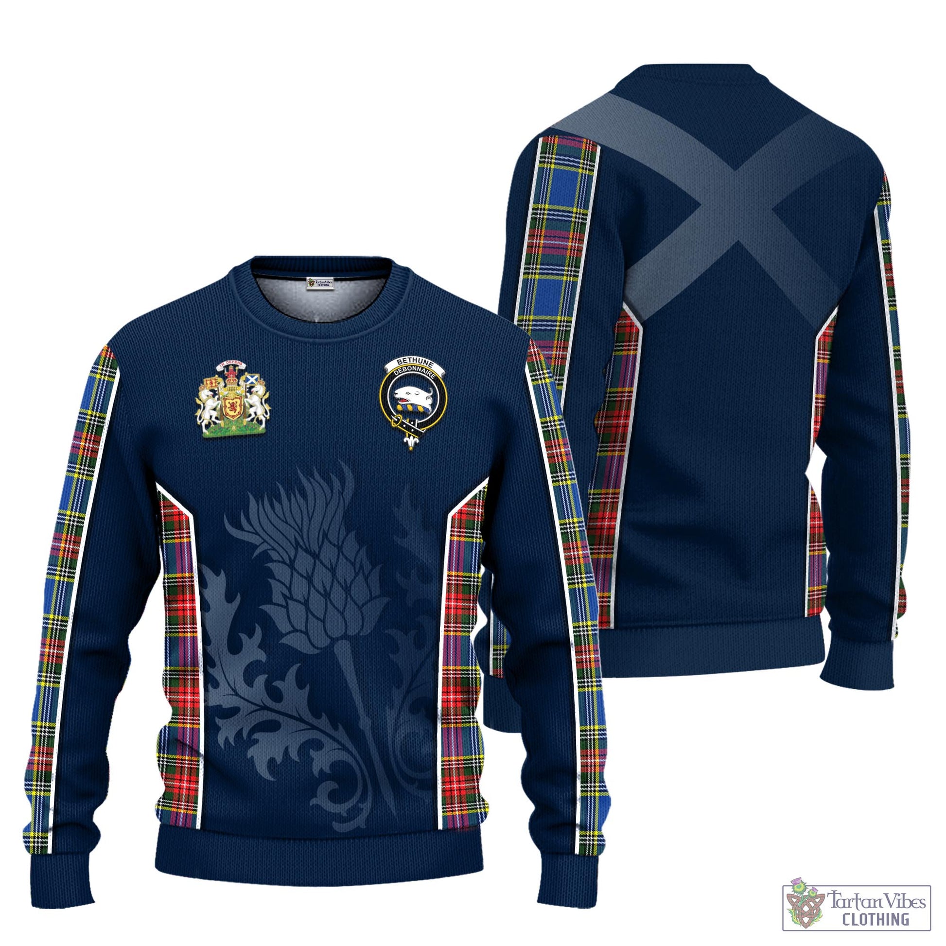 Tartan Vibes Clothing Bethune Tartan Knitted Sweatshirt with Family Crest and Scottish Thistle Vibes Sport Style