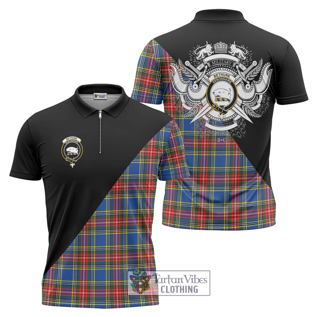 Bethune Tartan Zipper Polo Shirt with Family Crest and Military Logo Style Unisex - Tartanvibesclothing Shop