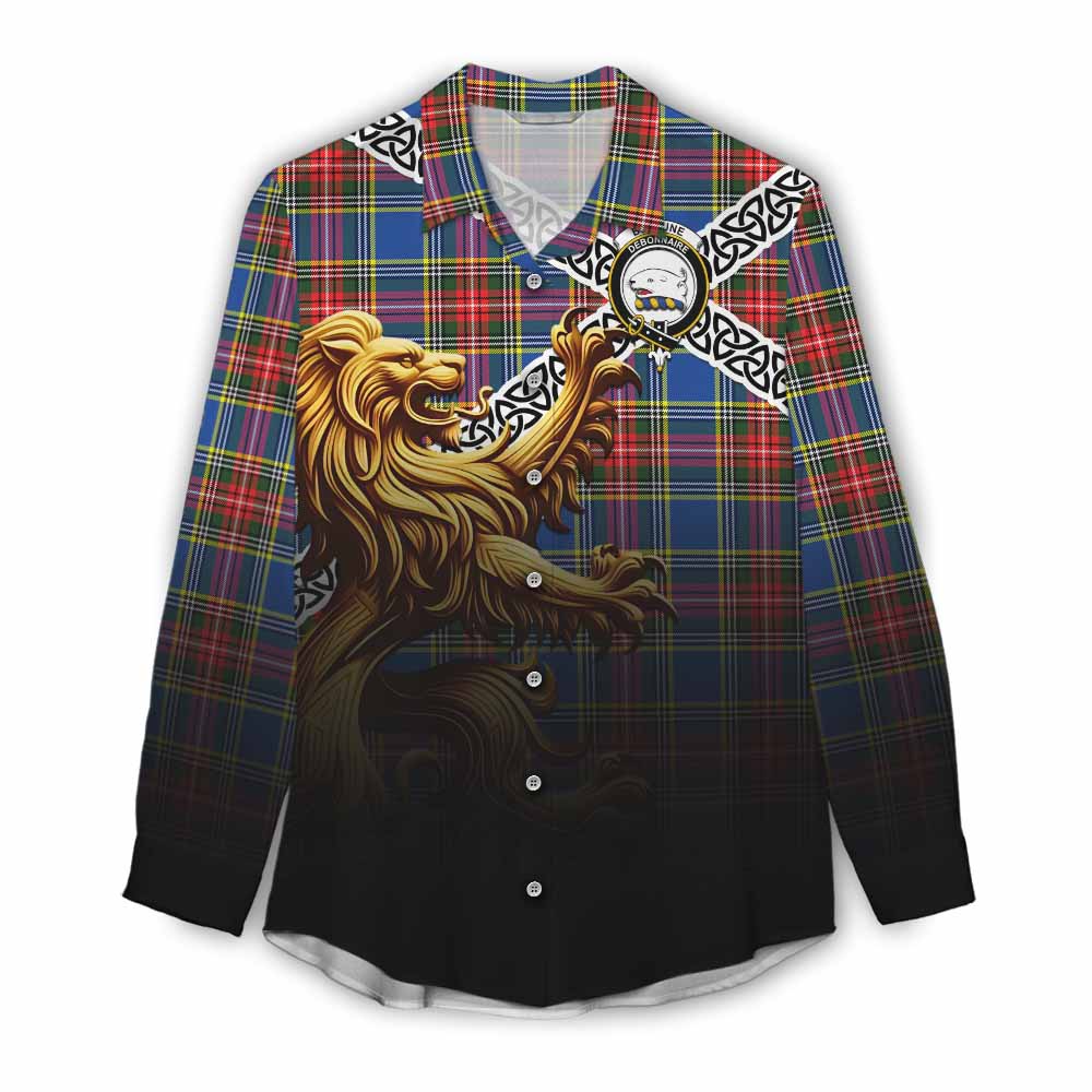 Tartan Vibes Clothing Bethune Crest Tartan Women's Casual Shirt with Golden Lion Emblem Celtic Style